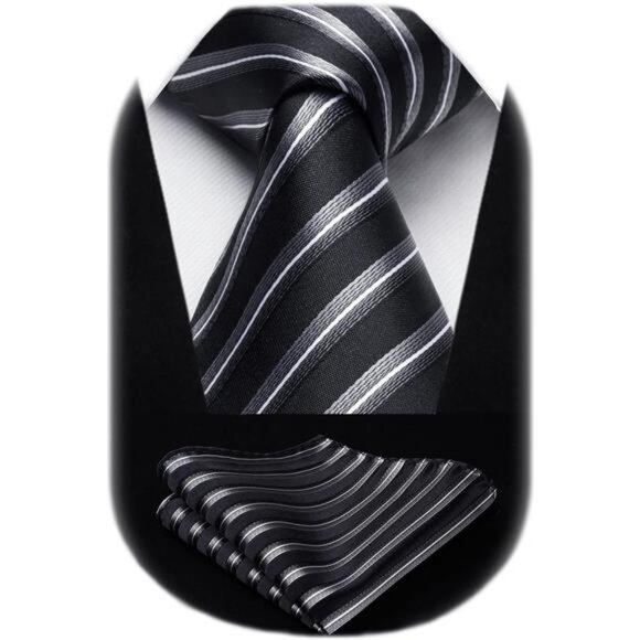 Stripe Tie Mens Ties with Pocket Square Set Classic 3.4'' Silk Formal Necktie - Picture 1 of 7